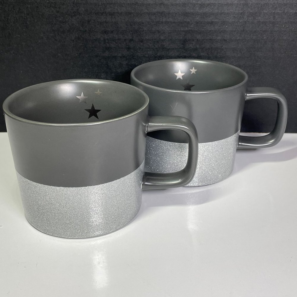 Starbucks Charcoal Grey & Silver Glitter w/ Stars - Coffee Mug/Cup - 12oz
